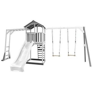Torre de Juegos AXI Beach Tower con Klettergerüst, Doppelschaukel y Tobogán Blanco - Casa de Madera para Niños en Blanco y Gris