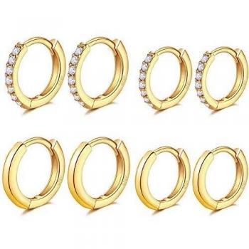LIHELEI 4 pares S925 Plata Pendientes Redondos, Grandes Pendientes Hipoalergenicos de Aro Mujeres Regalo Navidad- Oro