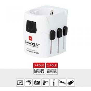 SKROSS | 1.103150 | Pro Light | AAdaptador de Viaje Universal con Schuko. Voltaje y Potencia: 100V - 630W / 250V - 1575W - Apto para PC y secador de Pelo. Protección contra Descargas Eléctricas