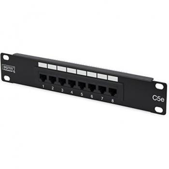 DIGITUS Cat-5e Patch Panel - 8 puertos - Tomas RJ45 - Montaje en rack de 10 pulgadas 1U - Panel de distribución LSA - Sin apantallar - Negro
