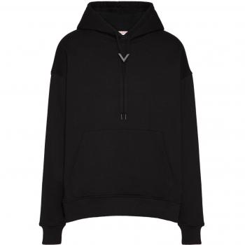 Valentino Men's Cotton Hooded Sweatshirt With V Detail in Black, Size Large