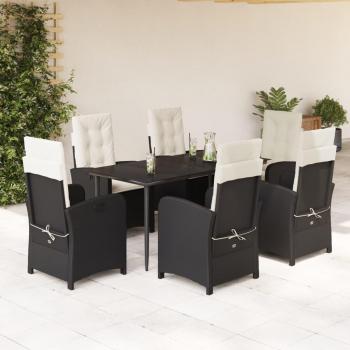 7-Piece Black Poly Rattan Garden Dining Set with Cushions