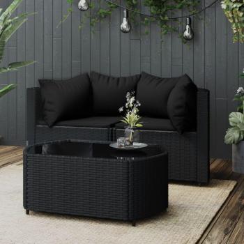 Sofá de jardín de 3 piezas con almohadas negras en Polyrattan