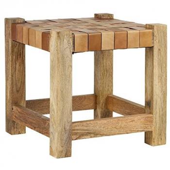 Taburete Bajo de Madera de Mango y Cuero Tejido Marrón 45x45 cm Estilo Retro Hecho a Mano Multifuncional