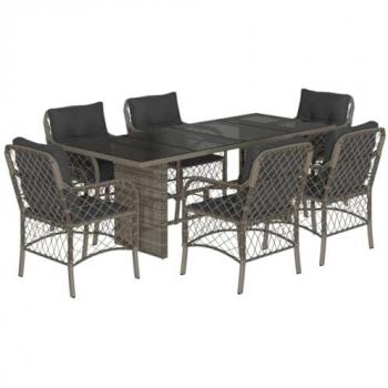 Set Comedor Jardín 7 Pzas con Cojines de Ratán Sintético Gris
