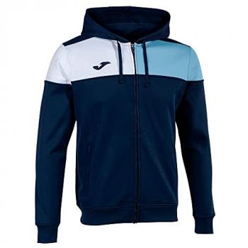 Chaqueta con capucha Joma Crew V marino celeste, características: diseño moderno, tejido ligero y transpirable, cierre con cremallera, capucha ajustable, bolsillos laterales con cremallera, ideal para actividades deportivas y