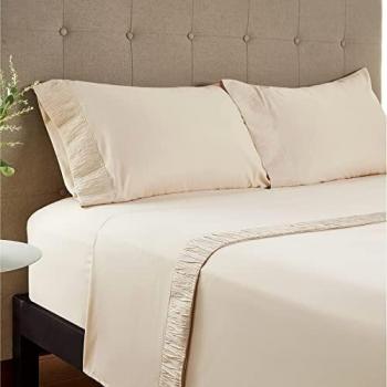 Bedsure Sabanas 160x200 4 Piezas - Juego Sábanas Cama 160 con Bajera 160x200 Ajustable, Encimera y 2 Fundas de Almohada 50x80cm, Beige