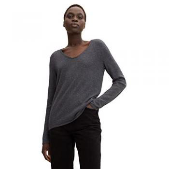 Jersey de mujer Tom Tailor de manga larga y cuello en pico, color gris melange, talla XL