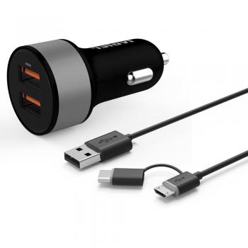 iVoler Dual Quick Charge 3.0 36W 2 Puertos USB Cargador de Coche [2*QC 3.0 Puerto] con 2 en 1 Cable Cargador Micro USB y Tipo C para Samsung y Otros Móviles, Tableta, etc -