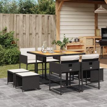 9-Piece Black Poly Rattan Garden Dining Set with Cushions
