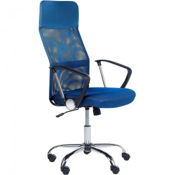 Silla de oficina giratoria ajustable reclinable de malla azul, negro y plateado con diseño moderno