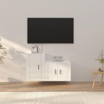 vidaXL Set de muebles para TV 2 piezas madera contrachapada blanco brillo, Mueble de salón, Mueble TV, Mesa de TV