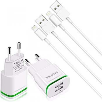 Niluoya Cargador Phone, 4-Pack 2.1A/5V 3M Cable y Dos Enchufe USB Movil de Pared Adaptador Compatible con iPhone 11 XS XS MAX XR X 8 7 6 6S Plus SE/5S/5C, iPad Air Mini Pro, iPod