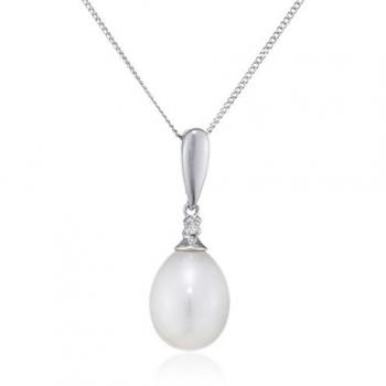 Elements Gold 9ct White Gold Freshwater Pearl and Diamond Pendant Necklace