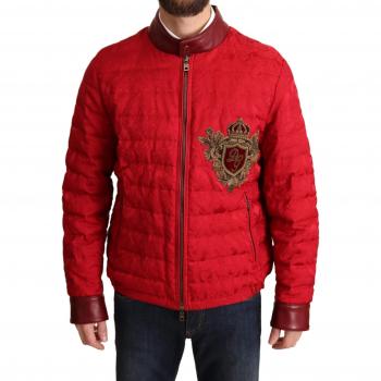 Dolce & Gabbana Red Brocade Bomber Gold Crown Logo Coat Jacket - IT48 | M