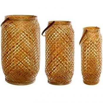 Set de 3 lámparas de exterior en bambú natural y vidrio color beige - Atmosphera