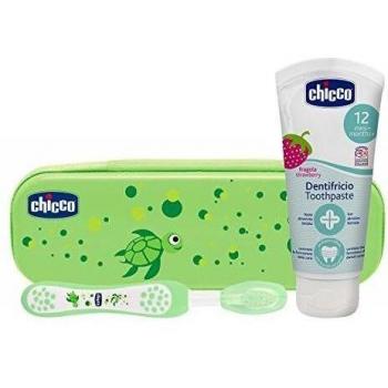 Chicco - Set dental Cepillo de dientes + Pasta Fresa con flúor 12+ m + Neceser Semi rígido color Verde