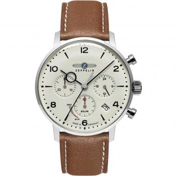 Zeppelin Hindenburg LZ 129 Men's Solar Chronograph Watch Brown Leather Strap Beige Dial 8086-5_n