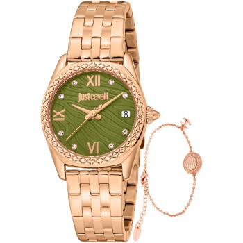 Just Cavalli Women's Stainless Steel Analog Watch with Olive Green Dial and Rose Gold Strap - Indomitable Animalier Collection