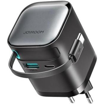 Cargador Joyroom JR-TCL02 65W GaN con cable USB-C retráctil y puertos USB-A/USB-C - Negro