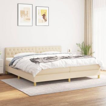 Cama box spring con colchón viscoelástico de 200x200 cm en tela color crema, adaptable, con muelles ensacados y acolchado reversible