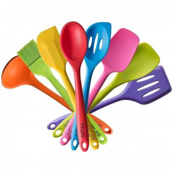 TTLIFE 8pcs espátula de silicona Utensilio de cocina colorido conjuntos de silicona resistente al calor Utensilios de cocina conjunto con Espátula calada, Cuchara, Cuchara con ranuras, Cucharon sopero, Espatula-cuchara, Esponula, Espátula, Brocha de co