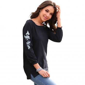 Camiseta Escote Barco y Manga raglán con Estampado posicional Floral y Nido de Abeja en Hombros y puños by Vencastyle,Negro,L