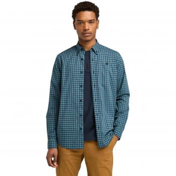 Camisa de Hombre Timberland Regular Fit Popelín Stretch Gingham Azul, Manga Larga, Algodón Orgánico