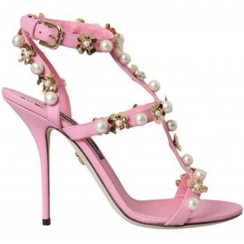 Dolce & Gabbana Pink Leather Embellished Heels Sandals Shoes - EU39/US8.5, High Heel Sandals, female, Pink, Size: 9 US
