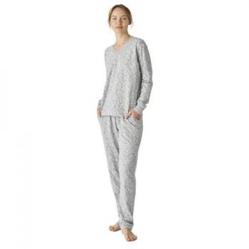 Pijama de mujer de algodón manga larga cuello en pico color gris estampado JJBEP1800