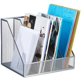 Archivador A4 de Malla Metálica con 4 Compartimentos, Diseño Moderno, 26 x 31 x 26 cm, Plateado - Relaxdays