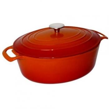 Cocotte Ovalada de Hierro Fundido Naranja Vogue 5L, Compatible con Inducción, Diseño de Autobasteo