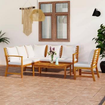 5-Piece Cream Cushion Garden Lounge Set in Solid Acacia Wood