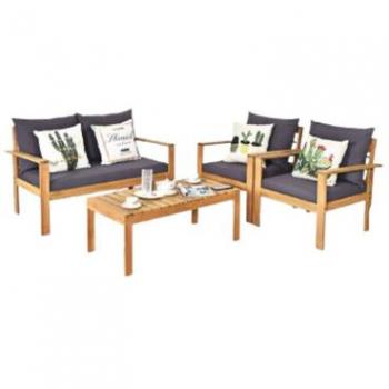 Costway 8-Piece Acacia Wood Patio Furniture Set with Thick Cushion in Brown