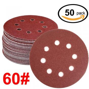 WINGONEER 50PCS Sanding Discs Pads, 5-Inch 8-Hole 60-Grit Gancho y lazo de aluminio de óxido de papel de lija para la orbital orbital Sander