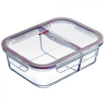 Westmark Táper de vidrio, con 2 compartimentos separados y tapa con clip, Capacidad de llenado: 1380 ml, Hermético, Resistente al horno, Sin BPA, Vidrio/plástico/silicona, Transparente/rojo, 234522E1