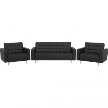 Conjunto de sala de estar 5 plazas Aberdeen en piel sintética negro y plateado con sofá cama y sillones reclinables