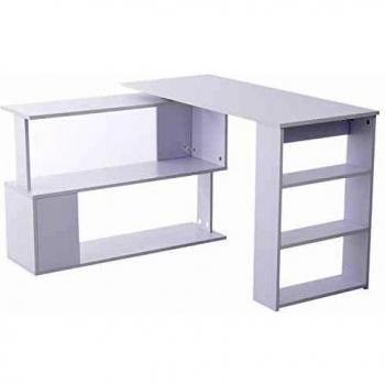 HOMCOM Mesa de Ordenador PC Escritorio de Oficina Mesa Esquinera Giratorio 360° Múltiformas para Hogar Escuela y Oficina 5 Estantes Librería Blanco