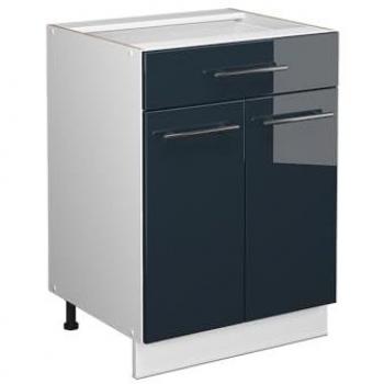 Mueble Bajo de Cocina Fame-Line, Azul Oscuro Alto Brillo, 60 cm con Cajón y Encimera de Mármol
