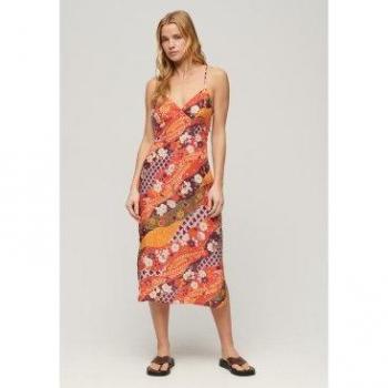 Superdry Vestido de Tirantes Lencero Midi Estampado Naranja