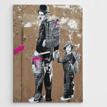 Impresión sobre Lienzo Banksy Charlie Chaplin, Poliéster, Madera, 70x3x100 cm, Colores Marrón, Negro y Rosa