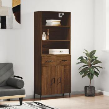 Aparador alto de madera contrachapada marrón roble 69,5x34x180 cm con 2 puertas y 2 cajones, mueble de almacenaje para salón, buffet y armario auxiliar