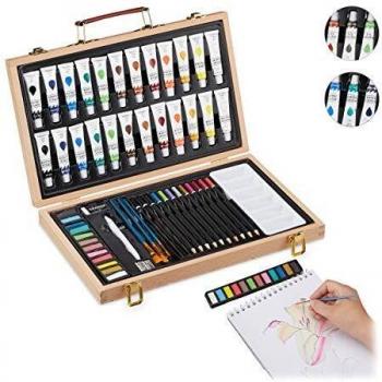 Maletín de Pintura Relaxdays - Kit Completo de 56 Accesorios con Acrílicos, Lápices, Goma y Sacapuntas en Madera Natural