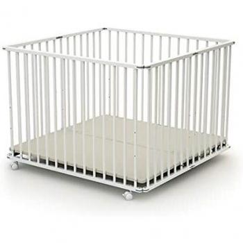 Parque Infantil Plegable de Madera Blanco 100 x 100 cm con Ruedas y Fondo Regulable en 3 Alturas