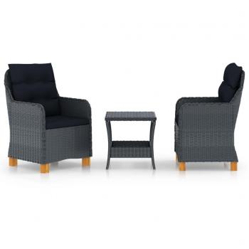 3-Piece Dark Grey Poly Rattan Garden Lounge Set with Cushions