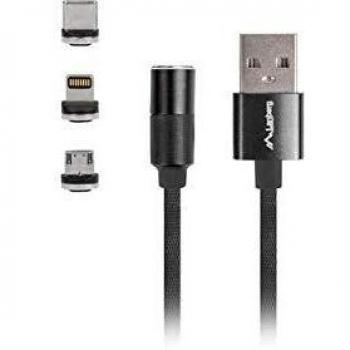 CABLE LANBERG 3EN1 USB 2.0USB-C,MUSB,LIGHTNING, QCHARGE 3.0 MAGNETICO NEGRO 1M