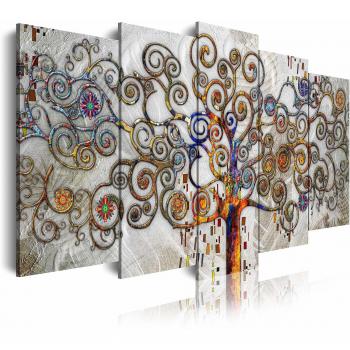 DekoArte 478 - Cuadros Modernos Impresión de Imagen Artística Digitalizada | Lienzo Decorativo para Salón o Dormitorio | Estilo Abstractos Árbol de la Vida Gustav Klimt Plata | 5 Piezas 200x100cm XXL