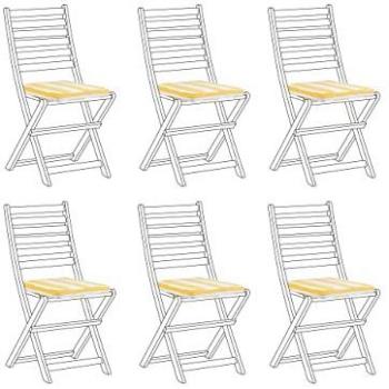 Conjunto de 6 cojines para sillas de exterior amarillos y blancos con patrón geométrico, atados con cuerdas y cierre de cremallera, resistentes a UV