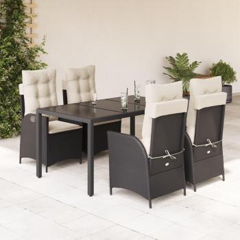 5-Piece Black Poly Rattan Garden Dining Set with Cushions