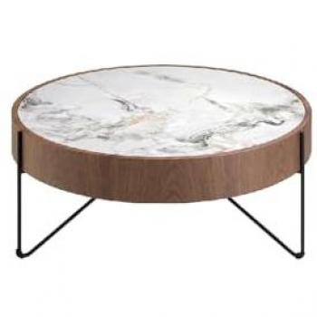Mesa de Centro Redonda de Mármol Porcelánico y Acero Negro con Tapa de Nogal - Ø81 x 33 cm